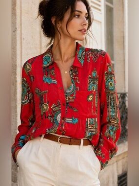 Maeve by Anthropologie Baroque Red Clock Print Button Front Shirt Size 4